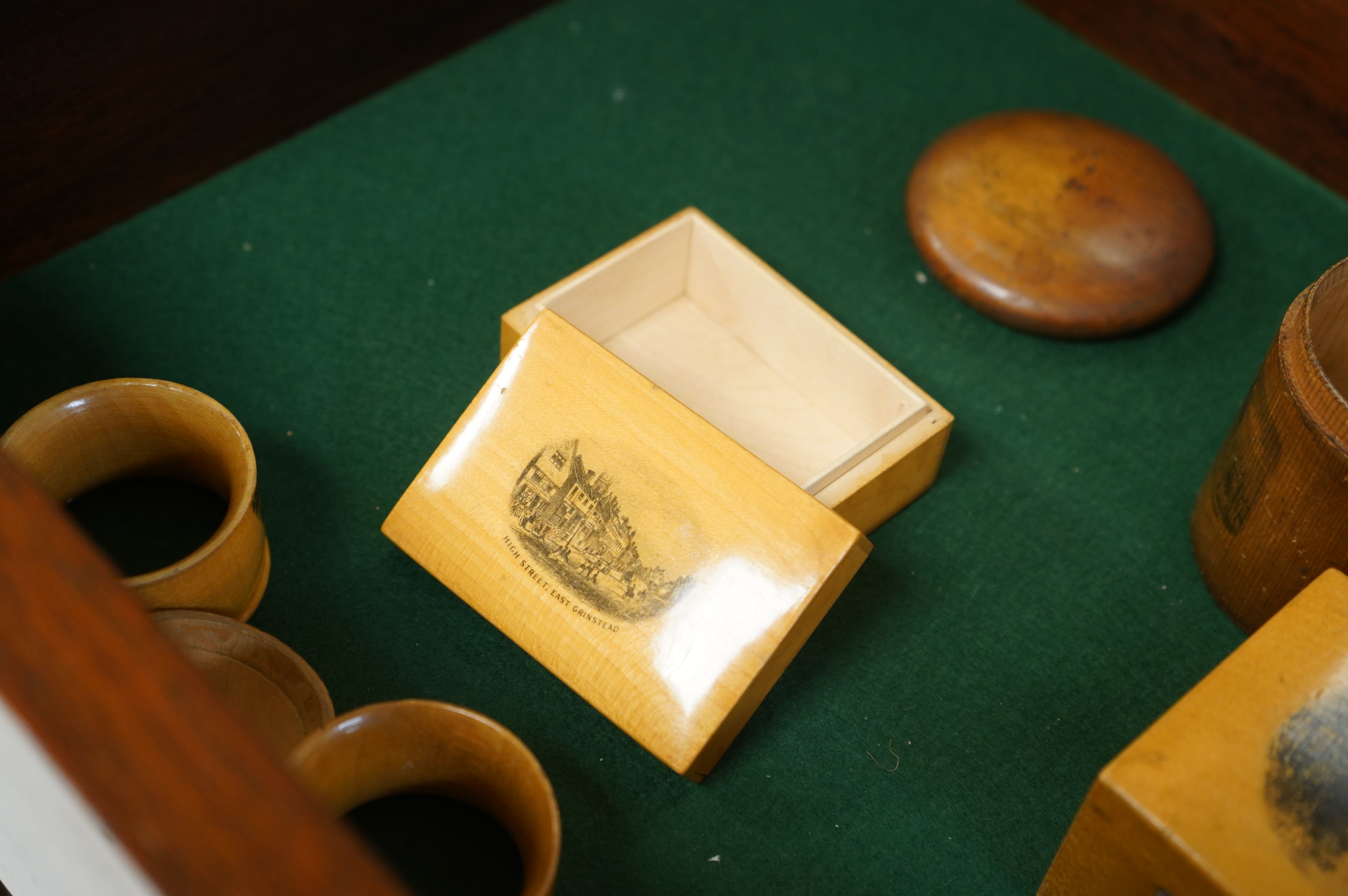 A mahogany display cabinet, with twelve Mauchlineware boxes etc. cabinet 52cm high